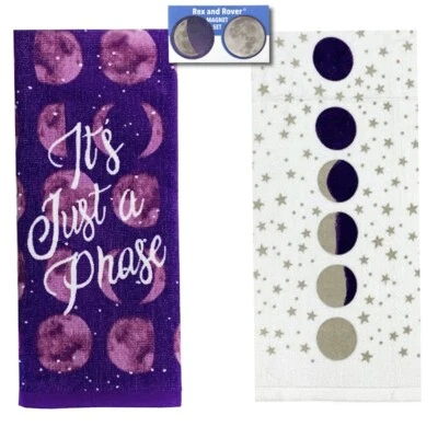 REX AND ROVER 2 Purple Boho Celestial Kitchen Towels Moon Phase With Magnets Cotton NWT
