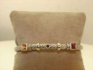 David Yurman 5mm Renaissance Cable Cuff Bracelet Citrine & Amethyst & 14K Gold