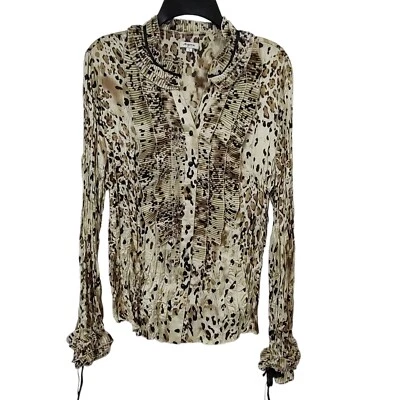 Agora Animal Print Top Long Sleeve Fringe Crinkle Pleated Size Large Y2K - Image 1 of 4