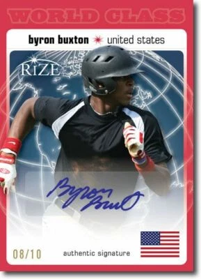 Autógrafo de novato Byron Buxton 2012 Rize rojo automático clase mundial RC #/10 Foto 1 de 2