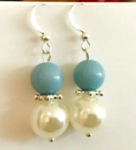 Silver Light Blue Bead Pearl Earrings Dangle Handmade Turquoise Beads Bridal - Picture 1 of 9