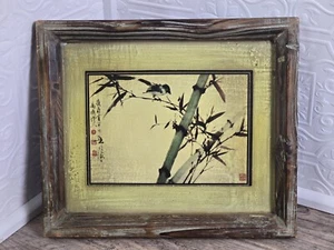 Mid Century Chinese Painting Signed Bird Bamboo Distrssed Wood Vintage  - Picture 1 of 8