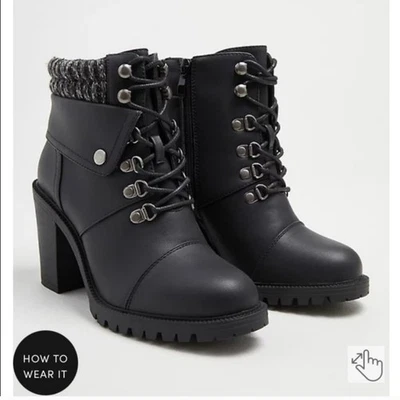 Torrid Sweater Hiker Bootie Chunky Black Heel Lug Sole Ankle Boot size 12 WW - Image 1 of 4