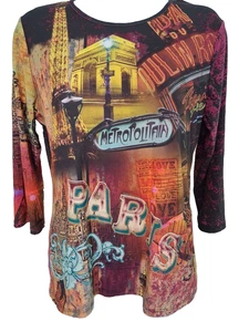 Vintage Y2K Moulin Rouge Top Size Large 3/4 Sleeve Stretch Art To Wear Dopamine - Picture 1 of 7