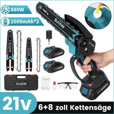 BUNDVIEL Mini Kettensäge 21 V Handsäge 6+8 zoll Akku-Kettensäge 4000mAh mit 2 x Akku