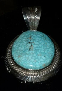 Native American Navajo Birdseye Kingman Turquoise Sterling Signed Pendant  - Picture 1 of 10