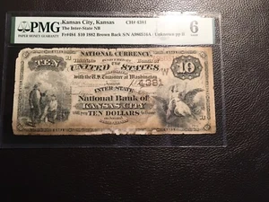 10.00 1882 Rare Brown Back Kansas City Kansas PMG 6 Good Mounted Stained  - Picture 1 of 4