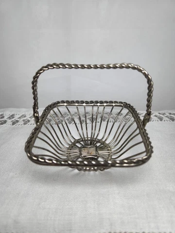 Vtg Silver Metal Small Basket Riveted Handle 3.5" H x 4" W Cover