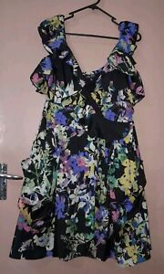 City Chic Black & Floral Wrap Style Flutter Detailed Dress with Pockets Size M