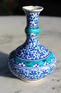Rare Antique Turkish Iznik Hand Painted Blue Floral Motif Vase 4.25" signed - Picture 1 of 17