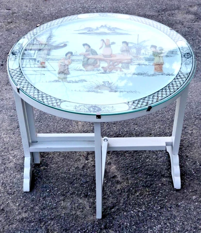 Vintage Chinoiserie tilt top side table with thick glass top Japanese pictorial Cover