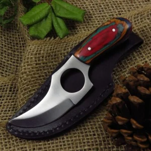 FIXED-BLADE HUNTING KNIFE | 5" Silver Blade Multi-Color Wood Handle Skinner - Picture 1 of 12