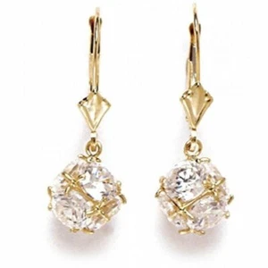 14K Solid Yellow Gold White Sapphire Dangle Ball Earrings ER-L65 - Picture 1 of 1