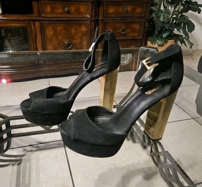 MICHAEL KORS Porter Correa de Tobillo de Gamuza Negra Punta Abierta Plataforma Tacones Dorados 8M  Foto 1 de 4