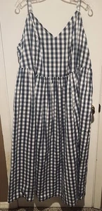 ¡NUEVO CON ETIQUETAS! Antiguo Vestido Azul Marino Algodón-Poplin Cami Maxi Columpio Talla XXL Estampado Guinga Verano - Imagen 1 de 13