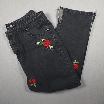 Boohoo Blue Jeans Womens 18 Black Embroidered Rose Floral Straight Leg Denim - Image 1 of 4