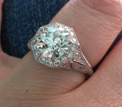 4.2Ct White Round Cut Simulated Diamond Art Deco Sterling Silver Engagement Ring - Image 1 of 4