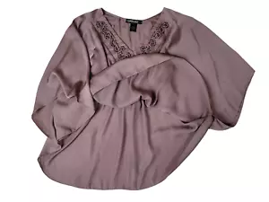 Mandee Kimono Top Beaded Accent Sz S Dusty Rose Dolman Flutter Sleeved Blouse - Picture 1 of 12