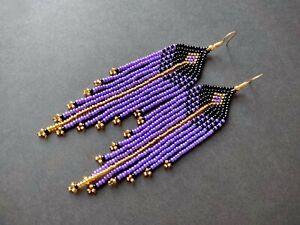 Feather Seed bead Earring Dangle beaded earrings Purple Handwoven jewelry beaded