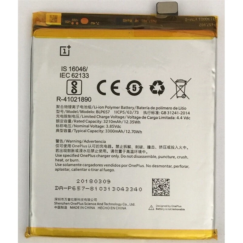 Oneplus Batteria originale BLP657 per ONE PLUS 6 A6000 3210mAh Pila Litio Bulk - Immagine 1 di 1