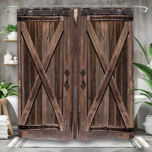 Rustic Barn Door Bathroom Shower Curtain Brown Garage Wood Wooden Country Ame... - Picture 1 of 7