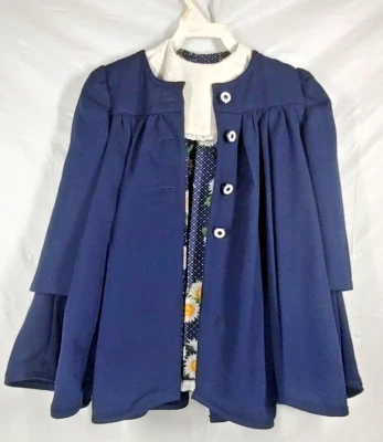 Chaqueta de vestir vintage hecha a mano margaritas azules lunares 5? Cuello de encaje con ojales Foto 1 de 4