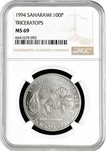 Western Sahara (Saharawi) 100 Pesetas 1994, NGC MS69, "Triceratops" TopPop 1/0 - Picture 1 of 2
