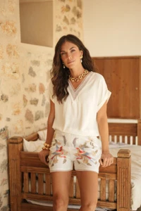 Women Casual Relaxed White Floral Lace Beaded V Neck Short Sleeves Top Tank.S-L - Picture 1 of 10
