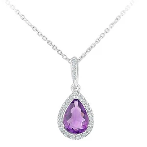 9ct White Gold Amethyst and Diamond Pendant Necklace Teardrop Style by Naava - Picture 1 of 5