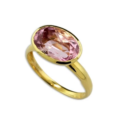 Bague En Turmaline Rose En Or Jaune 750 Pour Femme Oval Pierre Précieuse - Photo 1/4