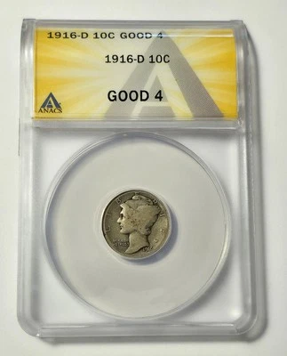1916-D Winged Liberty Head Mercury Dime ANACS G4 Key Date Of Series - Image 1 of 4