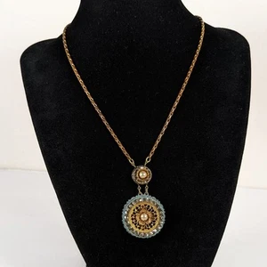 Antique Vintage Double Medallion Round Pendant Rhinestone Necklace *READ - Picture 1 of 6