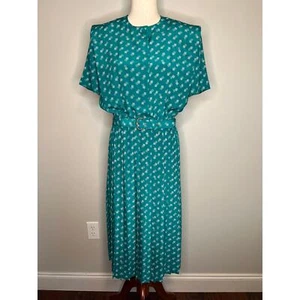 1980s Leslie Fay Teal Green Geometric Hostess Secretary Modest Midi Dress 10 M - Picture 1 of 8