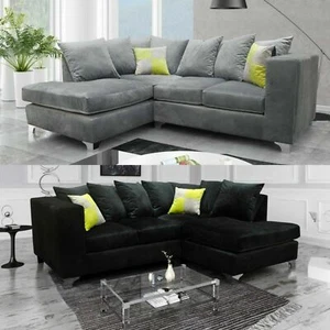 plush Grey Corner Sofa Suite Black Plush Velvet 3 seater 2 seater Footstool - Picture 1 of 21