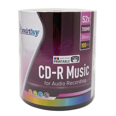 100 PK Smartbuy Digital Audio CD-R Music 80Min White Inkjet Printable Blank Disc - Image 1 of 3
