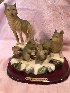 The Crosa Collection Wolf Family Figurine Pups Playing in the snow-On Wood Base