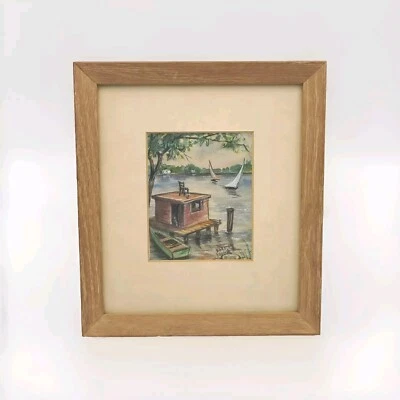 Dorothy Young Painting Boat House Landscape Water Color Lake Professional Frame - Image 1 of 4