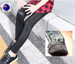 Girl Kid Shine Metallic Wet lookFleece Thermal warm Jeggings Pants Leggings - Picture 1 of 9