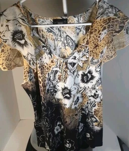 Lola P Women's Top L Floral Leopard Print Exotic Embellished Flutter Sleeve - Picture 1 of 6