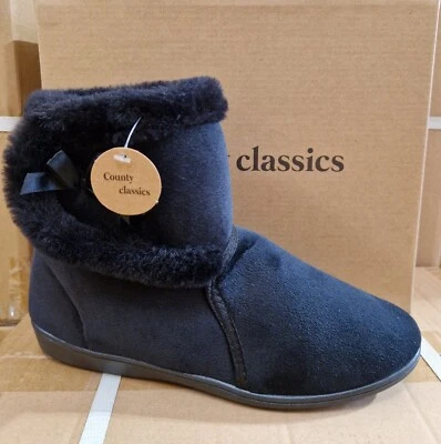 COUNTY CLASSICS Ladies Comfort Warm Fleece Slippers Womens Slip On Ankle Black New UK Sizes 3-8