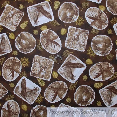 BonEful FABRIC FQ Cotton Quilt VTG Brown Gold Metallic Forest Eagle Cabin Animal - Image 1 of 4