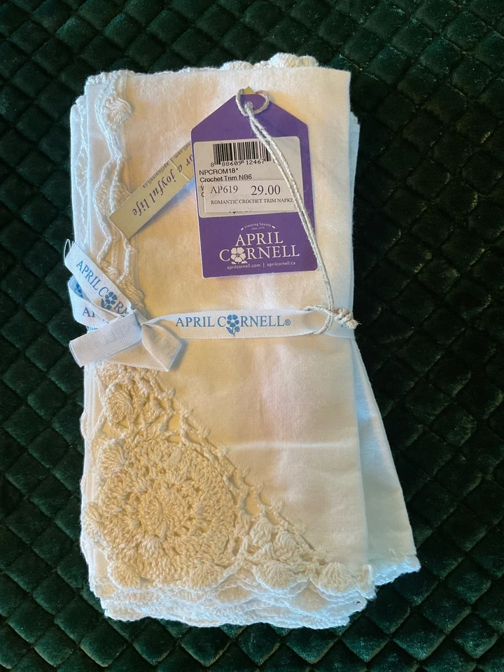 Servilletas románticas de ganchillo 6 April Cornell blanco roto nuevas con etiquetas Foto 1 de 1