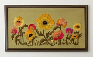 Vtg MCM Large Crewel Framed Wall Art Needlepoint Embroidered Green Multi Floral - Picture 1 of 7