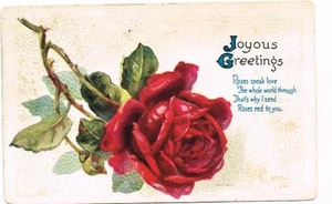 Vintage Postcard sends Joyous Greetings w/Poem & Large Red Rose - Picture 1 of 1