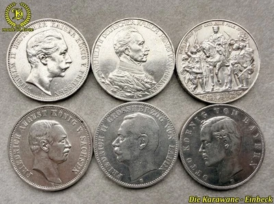 6 x 3 Mark 1908 - 1913 Preußen, Baden, Bayern, Sachsen, Silbermünzen Kaiserreich - Bild 1 von 4