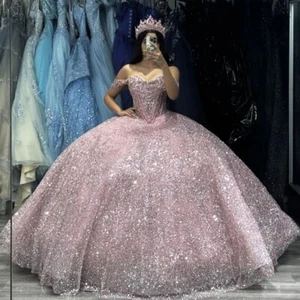 Pink Quinceanera Dresses Sweet 15 16 Glitter Off The Shoulder Beaded Ball Gowns - Picture 1 of 9