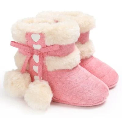 Newborn Baby Boy Girl Pram Shoes Infant PomPom Balls Winter Snow Boots Trainers - Image 1 of 4