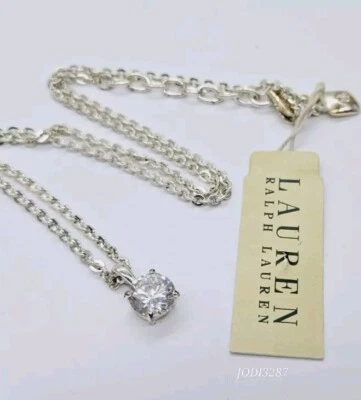 Collar Colgante Lauren Ralph Lauren Tono Plata y Cristal Redondo Corte Cojín Nuevo con Etiquetas Foto 1 de 4
