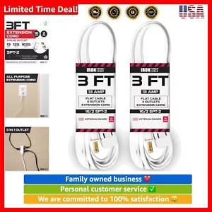 Versatile 3 Ft White Extension Cord 2 Pack - Safe for Electronics and Appliances - Picture 1 of 7