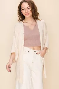 Damen Strick Cardigan Pullover vorne offen - mittellang Häkelrücken weiß rot - Bild 1 von 21